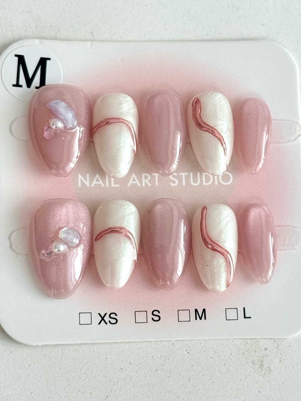 Handmade Pink & Pearl Press-On Nail Set Short Almond Size M